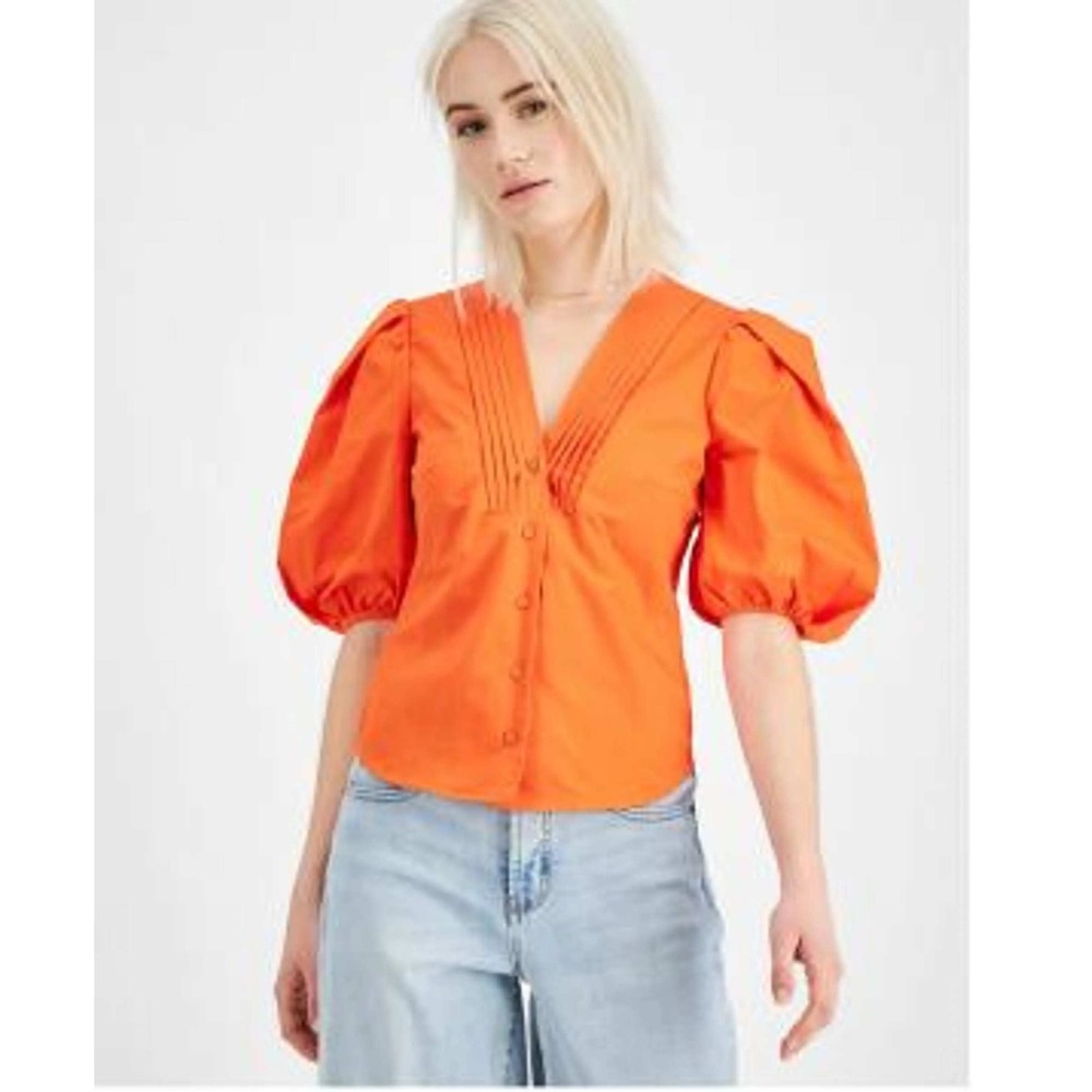Creta Orange Ruffle Front Puff Sleeve Button Down Blouse Top NWT Size M (34)